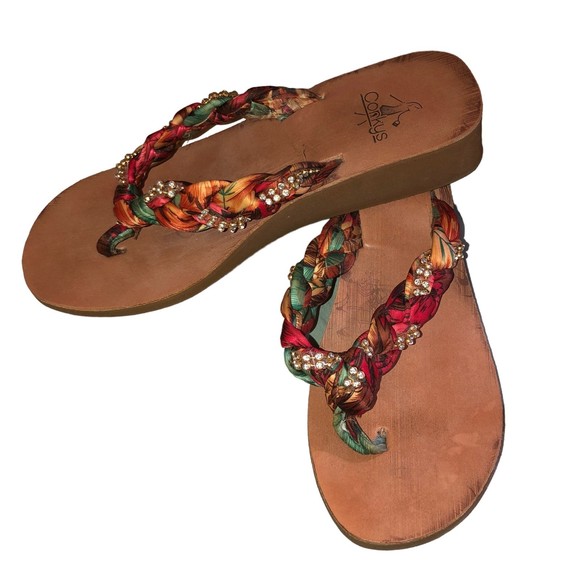 Corky’s Between the Toe Sandals w/Rhinestone Embellishments,  1 1/2” Wedge - Picture 1 of 7
